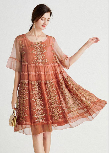 Embroideried O-Neck Loose Chiffon Dress - fabuloryshop