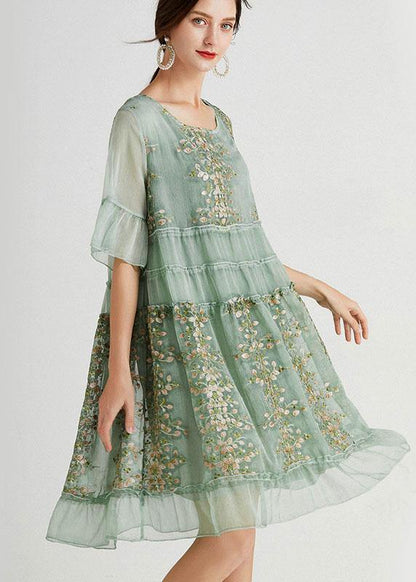 Embroideried O-Neck Loose Chiffon Dress - fabuloryshop