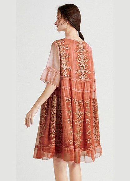 Embroideried O-Neck Loose Chiffon Dress - fabuloryshop