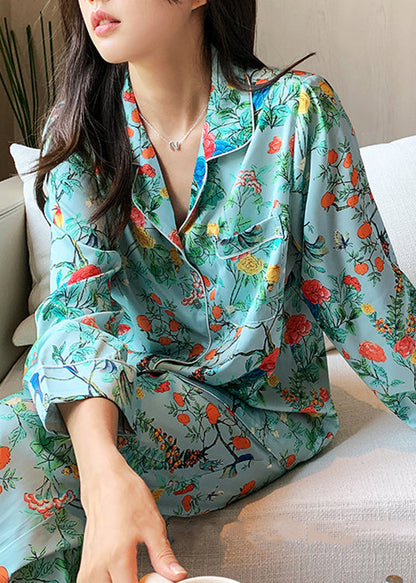 Art Green Notched Print Button Ice Silk Pajamas Two Pieces Set Long Sleeve TO1014 - fabuloryshop