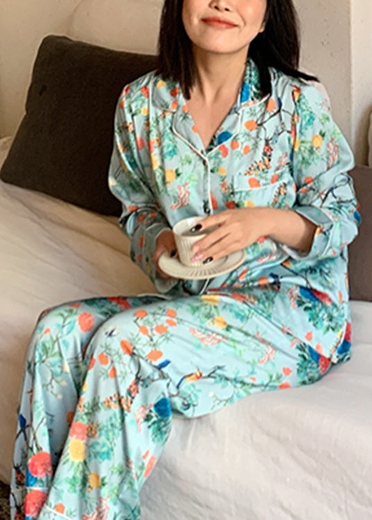 Art Green Notched Print Button Ice Silk Pajamas Two Pieces Set Long Sleeve TO1014 - fabuloryshop