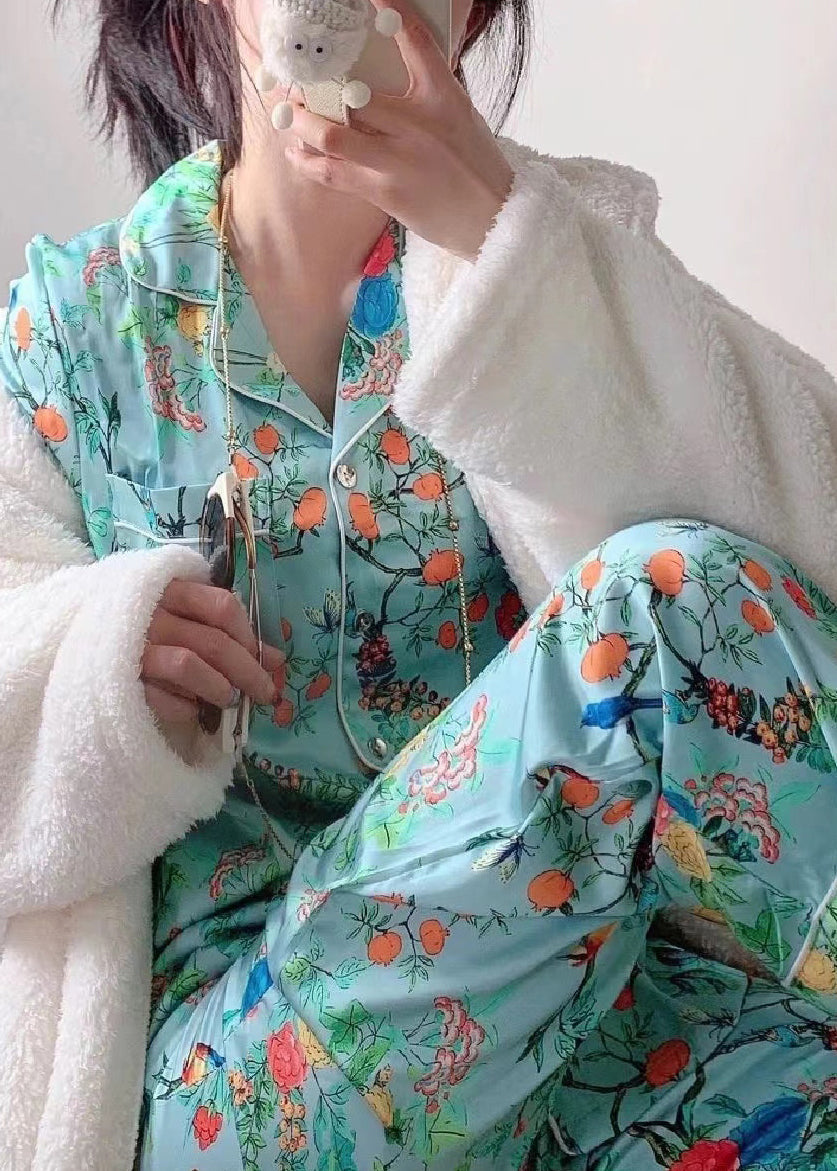 Art Green Notched Print Button Ice Silk Pajamas Two Pieces Set Long Sleeve TO1014 - fabuloryshop