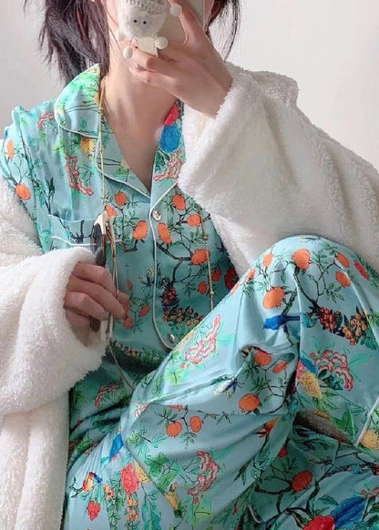 Art Green Notched Print Button Ice Silk Pajamas Two Pieces Set Long Sleeve LY1881 - fabuloryshop