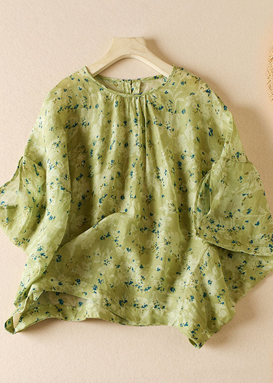 Art Green O Neck Print Patchwork Cotton Blouse Top Half Sleeve Ada Fashion