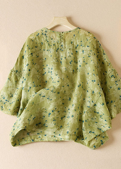 Art Green O Neck Print Patchwork Cotton Blouse Top Half Sleeve Ada Fashion