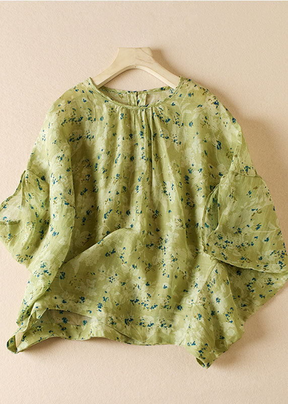 Art Green O Neck Print Patchwork Cotton Blouse Top Half Sleeve Ada Fashion