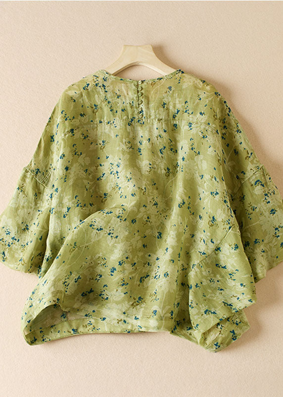 Art Green O Neck Print Patchwork Cotton Blouse Top Half Sleeve Ada Fashion