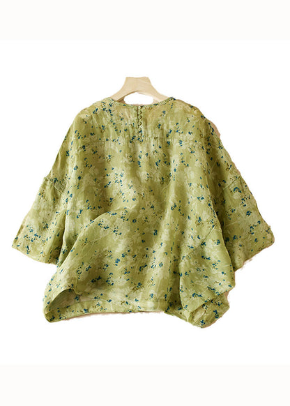 Art Green O Neck Print Patchwork Cotton Blouse Top Half Sleeve Ada Fashion