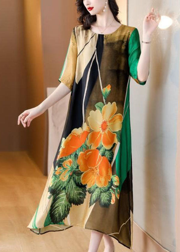 Art Green O Neck Print Patchwork Silk Dress Summer TI1040
