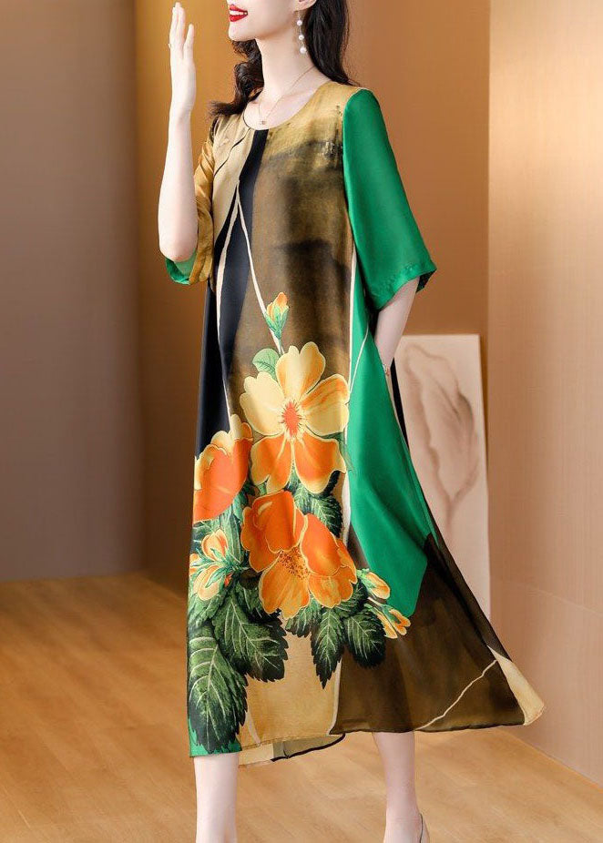 Art Green O Neck Print Patchwork Silk Dress Summer TI1040