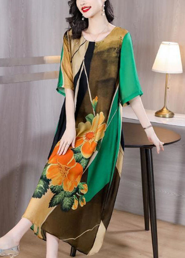 Art Green O Neck Print Patchwork Silk Dress Summer TI1040 - fabuloryshop