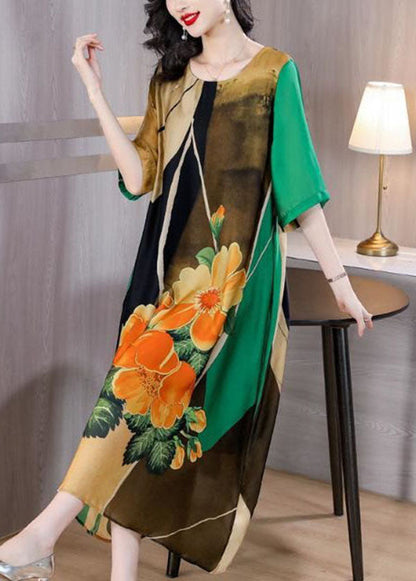 Art Green O Neck Print Patchwork Silk Dress Summer TI1040 - fabuloryshop