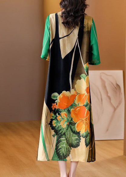 Art Green O Neck Print Patchwork Silk Dress Summer LY4467 - fabuloryshop