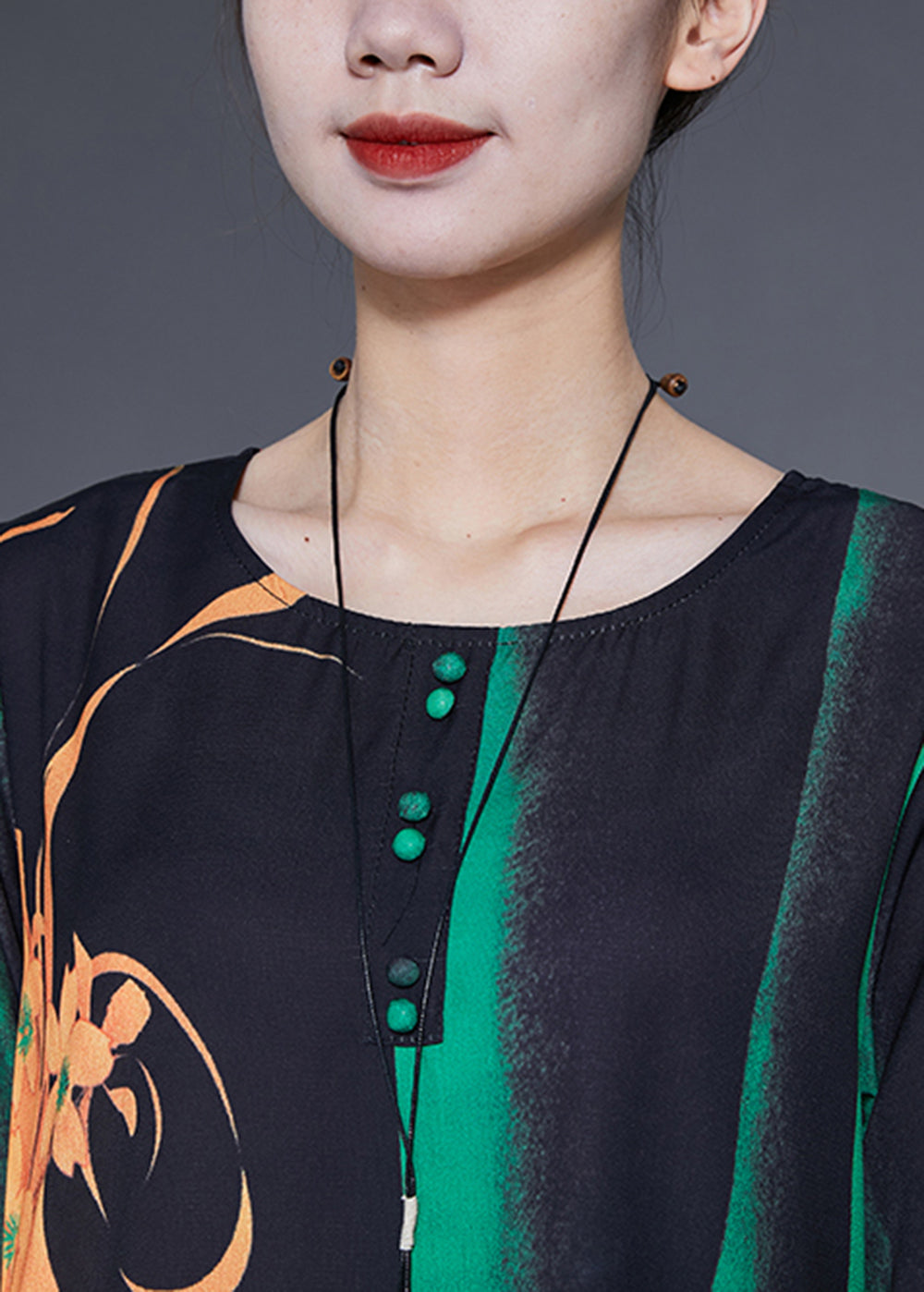 Art Green O-Neck Print Silk A Line Dress Bracelet Sleeve LY2883
