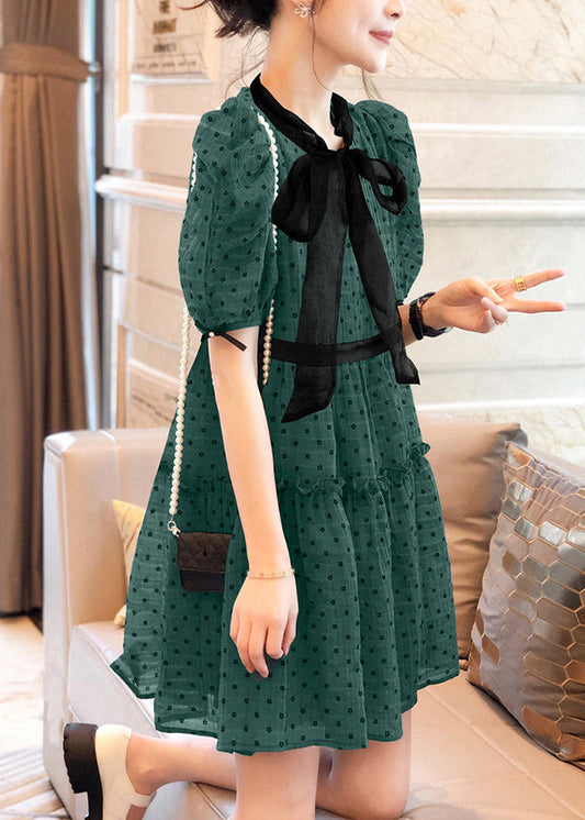 Art Green O-Neck Ruffled Dot Patchwork Bow Chiffon Mid Dress Puff Sleeve TI1038 - fabuloryshop