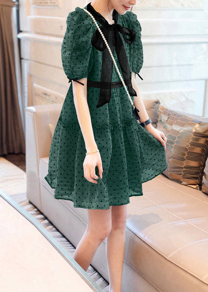 Art Green O-Neck Ruffled Dot Patchwork Bow Chiffon Mid Dress Puff Sleeve TI1038 - fabuloryshop