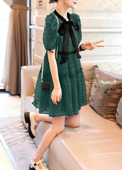 Art Green O-Neck Ruffled Dot Patchwork Bow Chiffon Mid Dress Puff Sleeve TI1038 - fabuloryshop