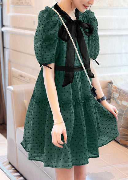 Art Green O-Neck Ruffled Dot Patchwork Bow Chiffon Mid Dress Puff Sleeve TI1038 - fabuloryshop