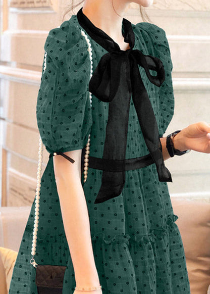 Art Green O-Neck Ruffled Dot Patchwork Bow Chiffon Mid Dress Puff Sleeve LY4462 - fabuloryshop