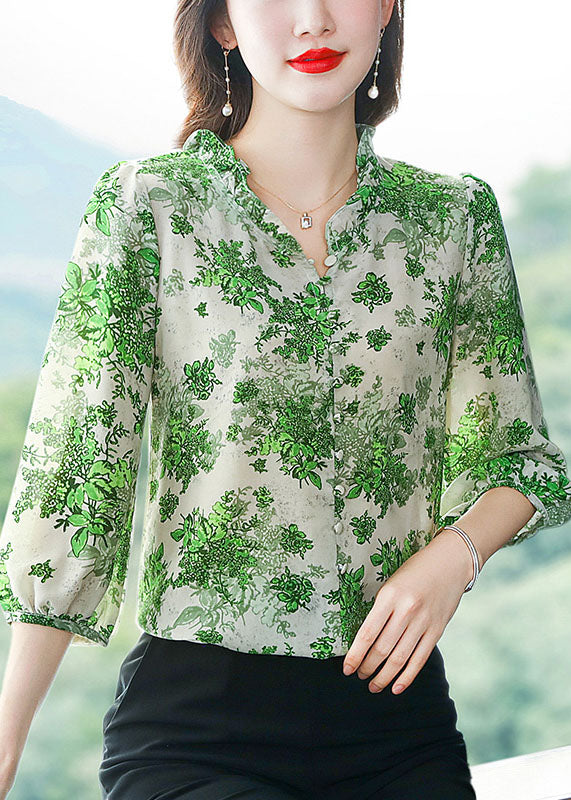 Art Green Ruffled Patchwork Print Chiffon Shirt Top Summer LY0473 - fabuloryshop