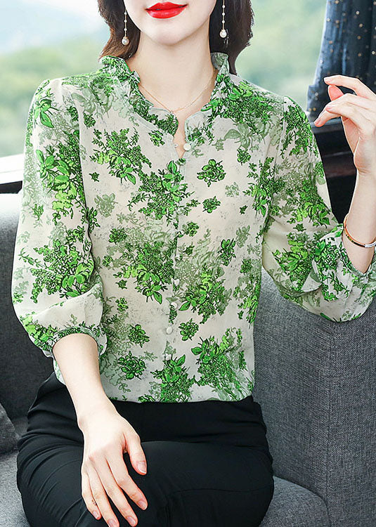 Art Green Ruffled Patchwork Print Chiffon Shirt Top Summer LY0473 - fabuloryshop