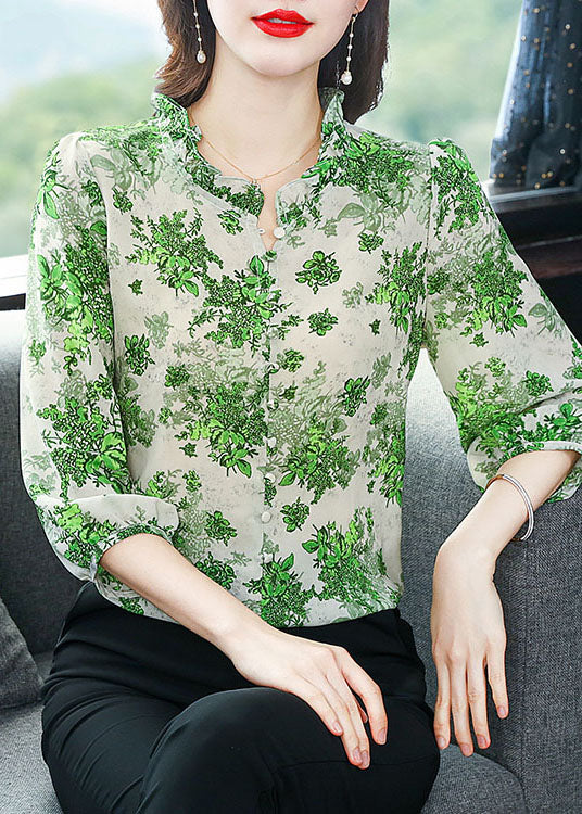 Art Green Ruffled Patchwork Print Chiffon Shirt Top Summer LY0473