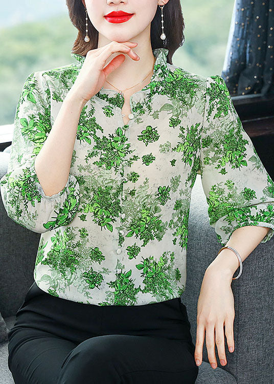 Art Green Ruffled Patchwork Print Chiffon Shirt Top Summer LY0473 - fabuloryshop