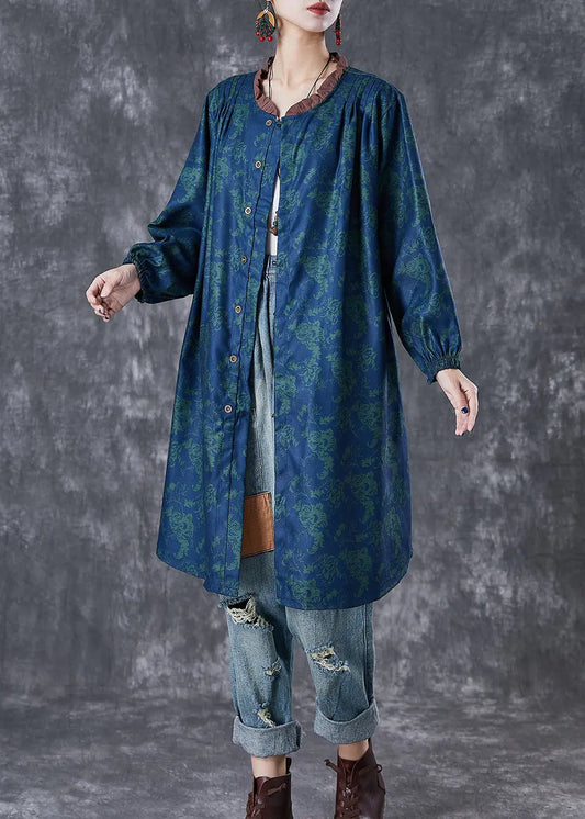 Art Green Ruffled Print Linen Shirt Dresses Fall Ada Fashion