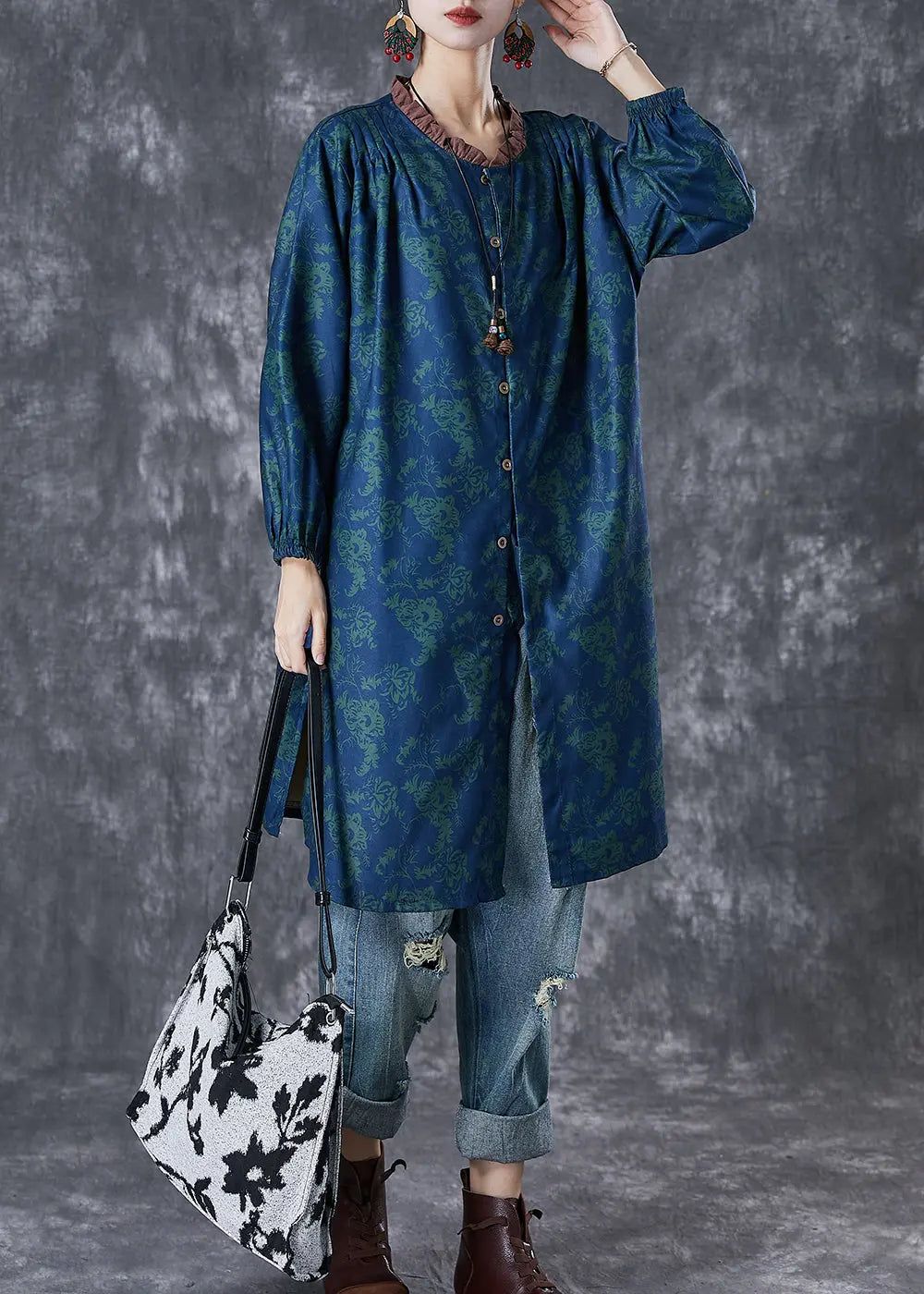 Art Green Ruffled Print Linen Shirt Dresses Fall Ada Fashion