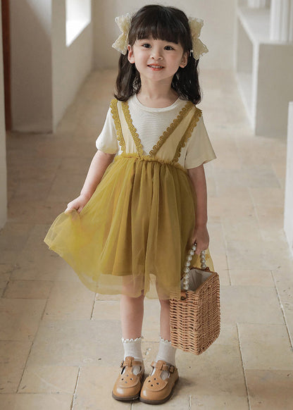 Art Green Ruffled Tulle Patchwork Kids Mid Dress Summer Ada Fashion