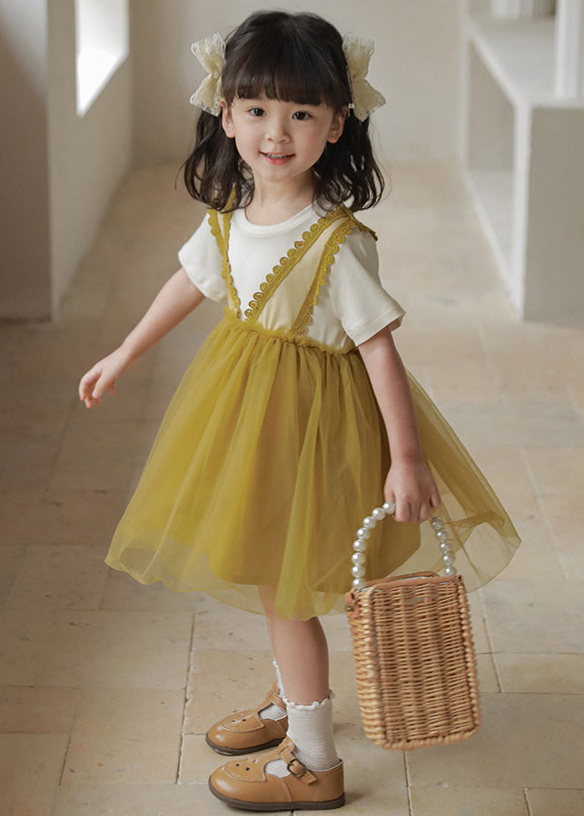 Art Green Ruffled Tulle Patchwork Kids Mid Dress Summer Ada Fashion