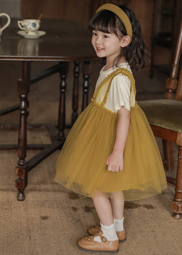 Art Green Ruffled Tulle Patchwork Kids Mid Dress Summer Ada Fashion