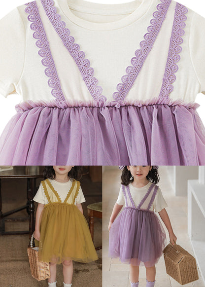 Art Green Ruffled Tulle Patchwork Kids Mid Dress Summer Ada Fashion