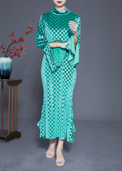 Art Green Stand Collar Plaid Side Open Silk Velour Long Dress Flare Sleeve LY1841 - fabuloryshop