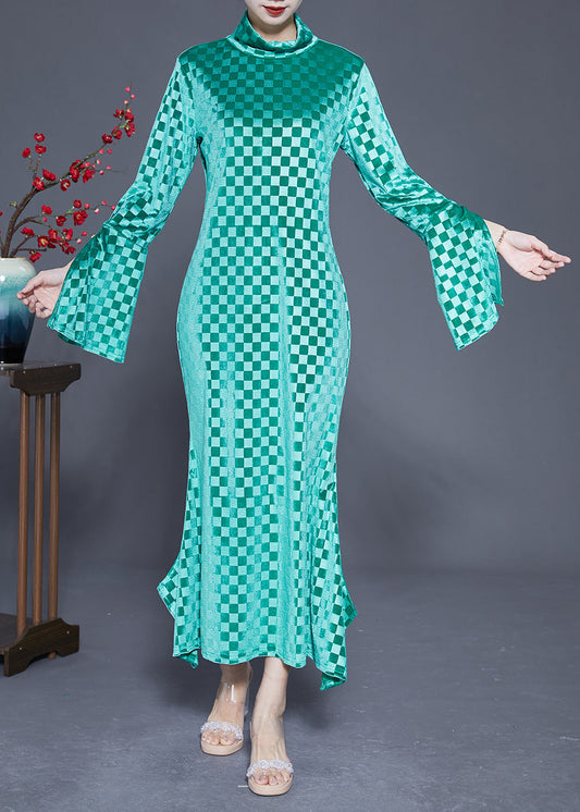 Art Green Stand Collar Plaid Side Open Silk Velour Long Dress Flare Sleeve LY1841 - fabuloryshop