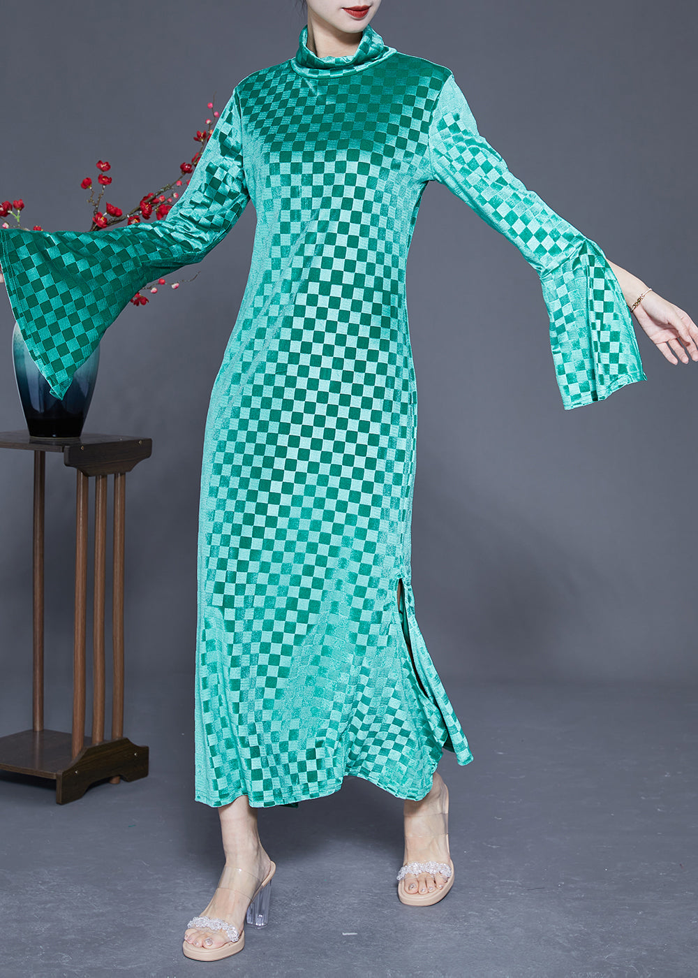 Art Green Stand Collar Plaid Side Open Silk Velour Long Dress Flare Sleeve LY1841 - fabuloryshop