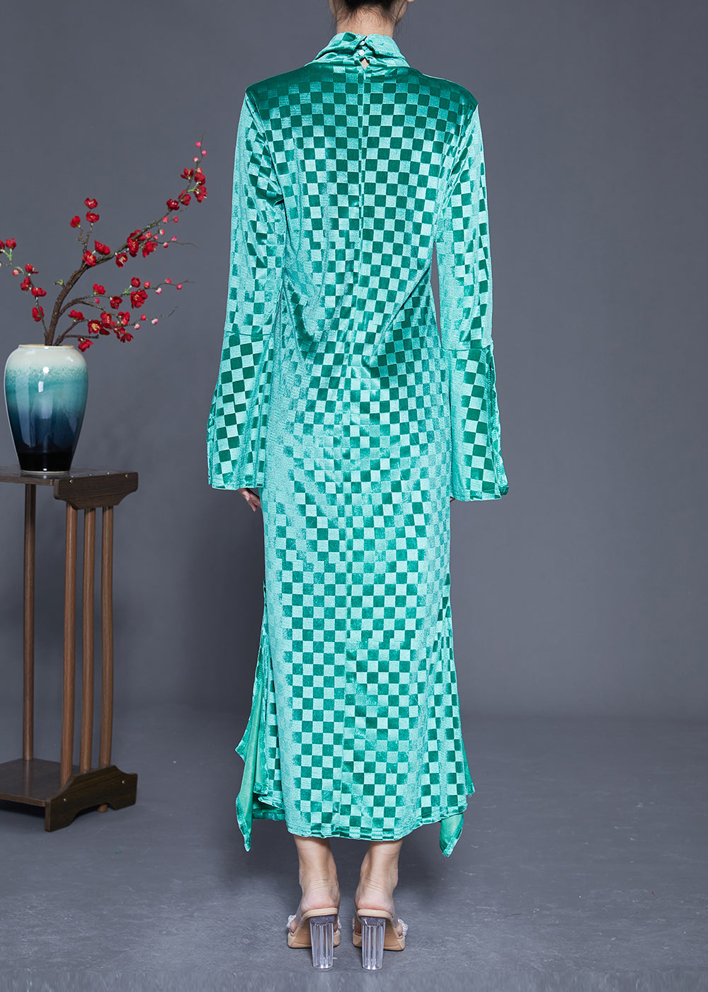 Art Green Stand Collar Plaid Side Open Silk Velour Long Dress Flare Sleeve LY1841 - fabuloryshop