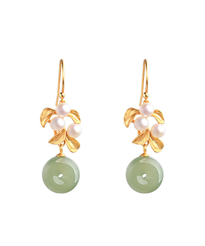 Art Green Sterling Silver Inlaid Jade Pearl Leaf Drop Earrings LY2308 - fabuloryshop