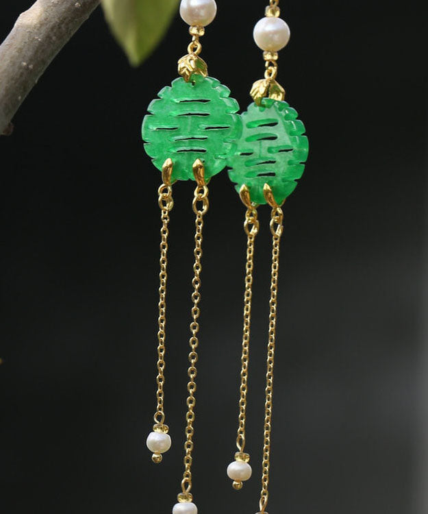 Art Green Sterling Silver Overgild Dry Green Pearl Jade Drop Earrings Ada Fashion