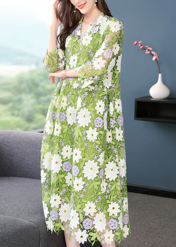 Art Green V Neck Floral Embroideried Lace Dress Half Sleeve LY1011 - fabuloryshop