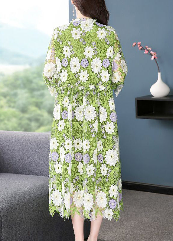 Art Green V Neck Floral Embroideried Lace Dress Half Sleeve LY1011 - fabuloryshop