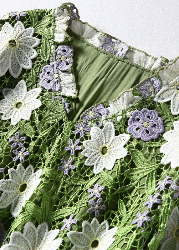 Art Green V Neck Floral Embroideried Lace Dress Half Sleeve LY1011 - fabuloryshop