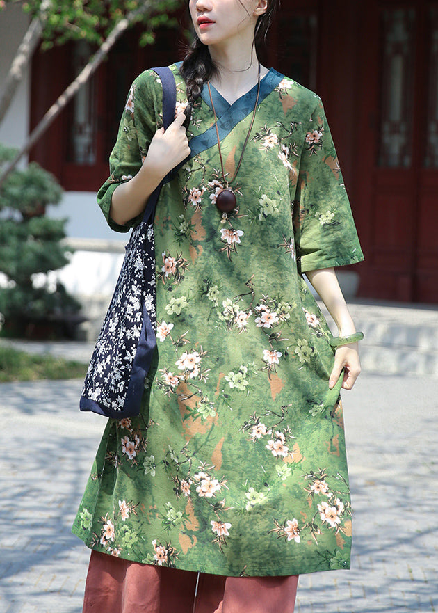 Art Green V Neck Print Patchwork Cotton Dress Half Sleeve Ada Fashion