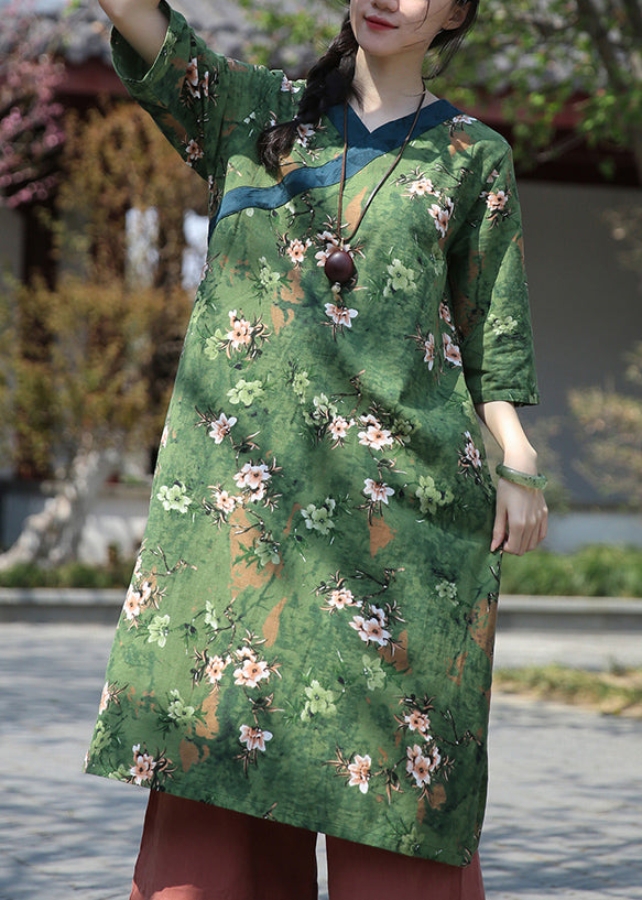 Art Green V Neck Print Patchwork Cotton Dress Half Sleeve Ada Fashion