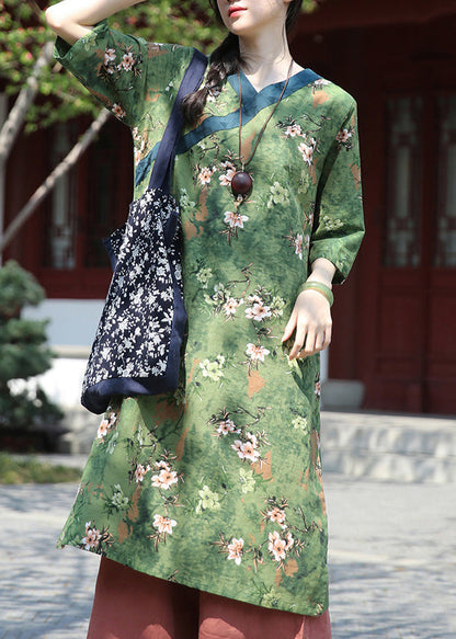 Art Green V Neck Print Patchwork Cotton Dress Half Sleeve Ada Fashion