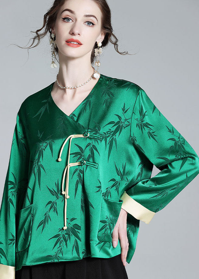 Art Green V Neck Tasseled Jacquard Patchwork Silk Tops Spring LY0115 - fabuloryshop