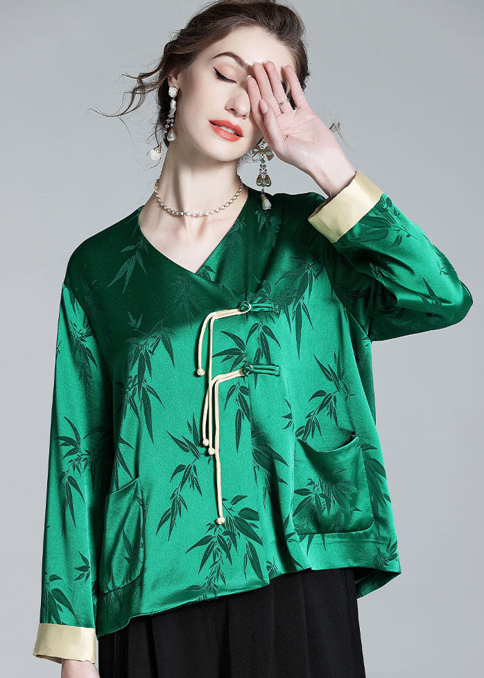 Art Green V Neck Tasseled Jacquard Patchwork Silk Tops Spring LY0115 - fabuloryshop