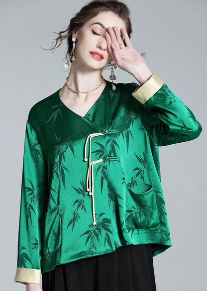 Art Green V Neck Tasseled Jacquard Patchwork Silk Tops Spring LY0115 - fabuloryshop