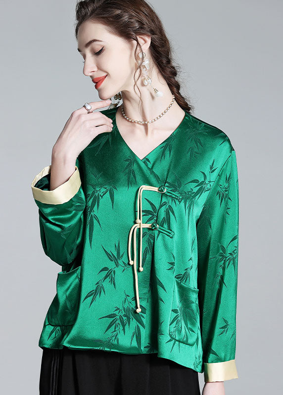 Art Green V Neck Tasseled Jacquard Patchwork Silk Tops Spring LY0115 - fabuloryshop