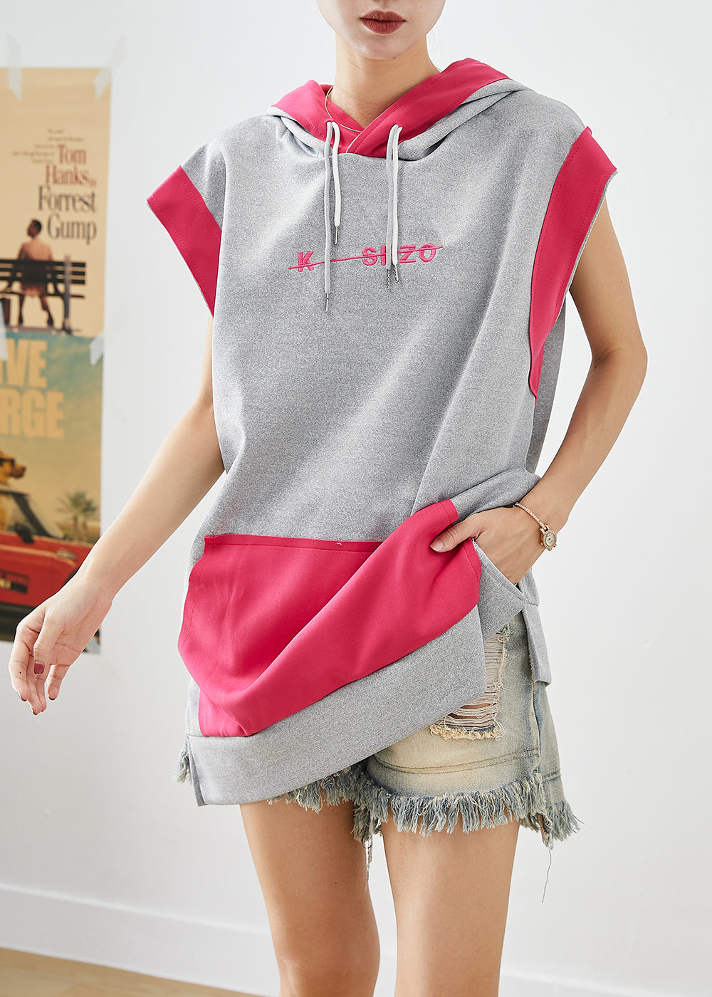 Art Grey Hooded Patchwork Pockets Cotton Pullover Streetwear Summer Ada Fashion